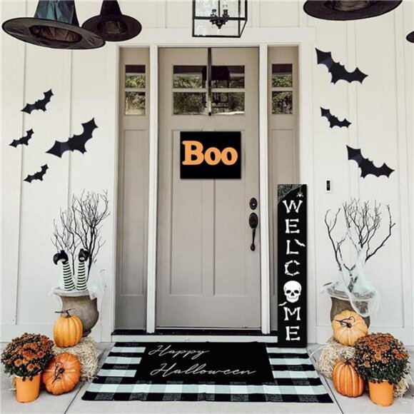 Halloween Welcome Sign Skull Front Door Hanging Decor Wooden Vertical Indoor - Picture 4 of 8